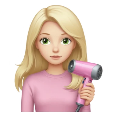 blonde girl with pale green eyes, long hair, beige sweater, and pink Dyson hair dryer, iOS emoji style sticker