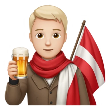 A man wearing a red and white scarf holding a Polish flag in one hand and a beer in the other sticker