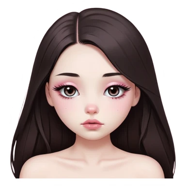 girl with white skin, dark brown long realistic straight hair with middle part prominently falling in front of her body over her shoulders, very big pouty extra shiny lips with absolutely no cupid's bow, big round shiny eyes with black eyeballs and huge eyelashes, no eyeshadow, pink blush on cheeks, lighter button nose, very long oval-shaped face, wearing a pink off-shoulder top, looking directly at camera with hands down at sides sticker