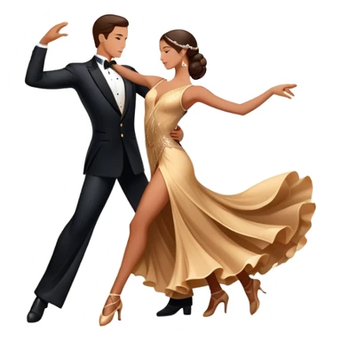 Icon for Ballroom Dancing: a couple in an elegant dance pose, with flowing dresses and tuxedos, surrounded by dance floor lights. The icon should convey the grace and elegance of ballroom dance, with focus on movement and precision. Transparent background. sticker