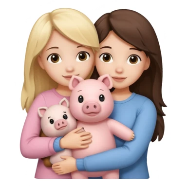 Girlfriends, blonde and brunette, hugging each other with a teddy bear and a little pig sticker