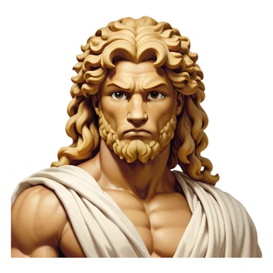 Cinematic Realistic Hercules Portrait, depicted as a classical Greek hero merging the fierce masculinity of the lion-wrestling Hercules with the refined face of Michelangelo's David. His light tan, chiseled skin glows with timeless strength, and his thick, curly, golden brown hair cascades in natural, sculpted curls reminiscent of a warrior’s mane. Draped in a flowing white robe with delicate golden accents and crowned with a traditional Greek laurel wreath, his intense, determined eyes exude noble might, all rendered under dynamic natural lighting with a mythic, radiant glow. sticker