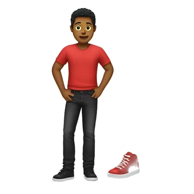 generate a boy with red shirt and black jean with yellow shoe sticker