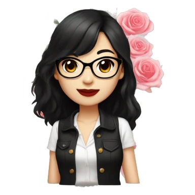 Asian girl, smiling with teeth, fair skin, black long hair, black eyes, black glasses with gold frames, red lipstick, wearing a white lace tank top and a black office jacket on top, with pink and red roses around her, chibi. sticker
