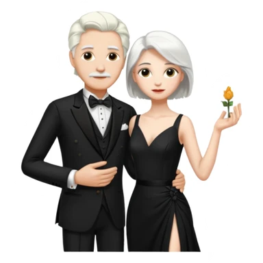 Tango couple conservative black tux for male and white long rafle dress for woman. Both male and female with white hair sticker