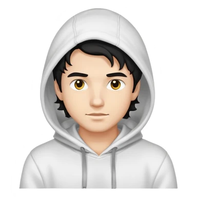 handsome young man with wavy black hair, black eyes, no beard or mustache, wearing a white hoodie, emoji style sticker