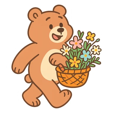 bear carrying a basket of wildflowers, soft pastel brown and cream, pastel toon style sticker