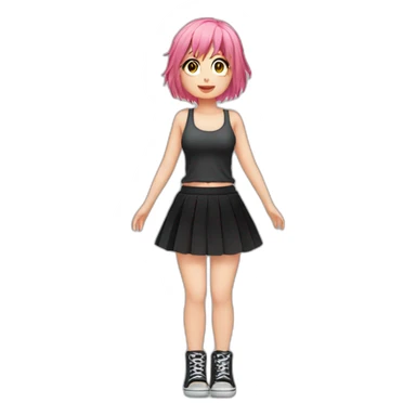 Full body Front view curvy emo girl pink hair sits on the floor straight view hands up black skirt полосатые рваные чулки sticker