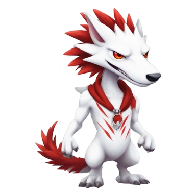 White edgy cute badass epic anthro modern albino sergal-vernid-Fakémon with red mane and red eyes with red edgy stripes, full body sticker