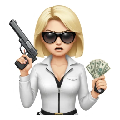 Mafia blondes angry woman in sunglasses, gun ,money , white costume  sticker
