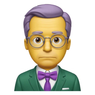 simpsons yellow man with neatly parted brown-gray hair, thick rectangular eyebrows, large round eyes behind thin glasses, a pointed nose, and a green suit with a white collar and purple bow tie. sticker