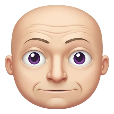 Steven Miller, bald, pronounced grimace, narrow rectangular head, bottom lip sticking out, eyelids almost closed and lower on the outside sticker
