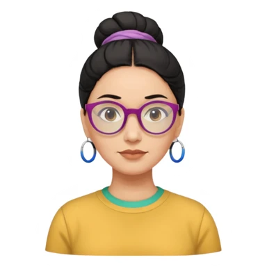 light skin middle aged with low bun in one black hair with multi colored glasses sticker