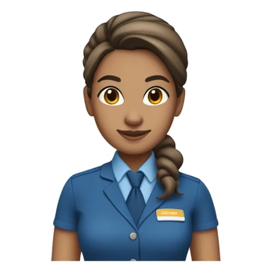 Brown tan skin flight attendant, brown hair in a bun, blue uniform, blue neck scarf sticker