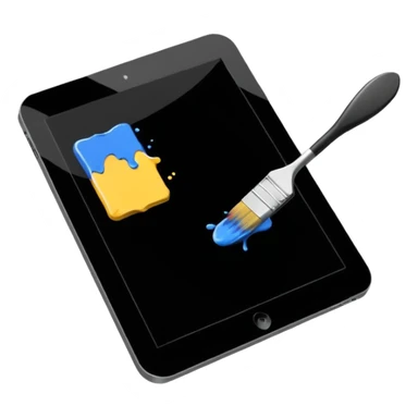 A simple graphic for digital art. A tablet dissolving into pixels with a paint brush or a pallet overlaid. No gradients. Just black on white. sticker