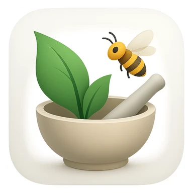 macOS application icon for a herbal therapy CRM, featuring a stylized green leaf, a mortar and pestle, and a honeybee hovering above, modern and clean style, soft gradients, professional look, no text sticker