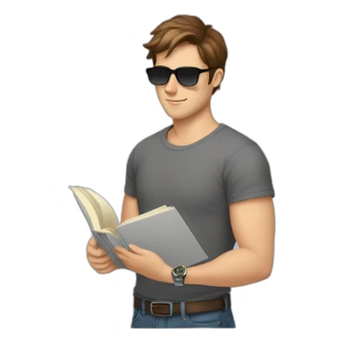 young white male with brown hair and brown eyes, wearing grey T-shirt, having pilot sunglasses, while reading Old Book and having silver rolex on whrist sticker