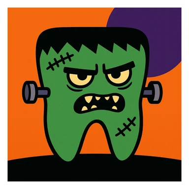 festive Halloween illustration of a tooth transformed into Frankenstein monster, with scars and bolts sticker