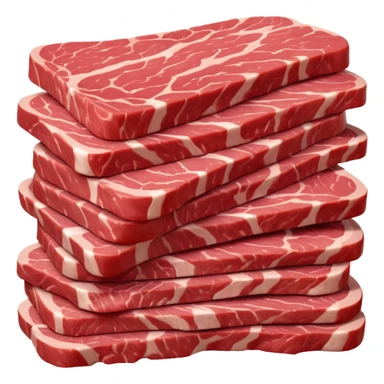 pile of raw sliced beef, thin strips, deep red, muscle grain visible, glossy, irregular shapes, subtle marbling or fat, clean 3D rendering, soft light, subtle shadow, no packaging, no anthropomorphic features, transparent background, emoji scale sticker