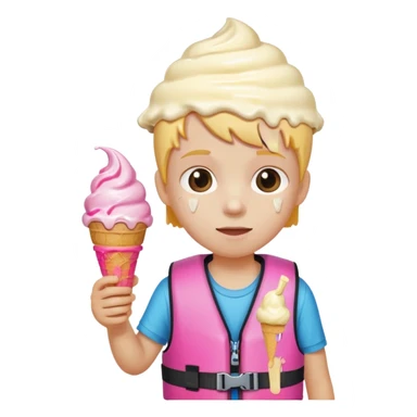 kid wearing lifejacket, holding ice cream sticker