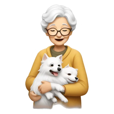 an old lady hugging a white spitz dog sticker