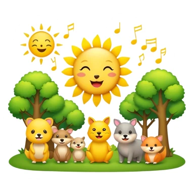 create me an emoji with a sun, trees, singing animals sticker