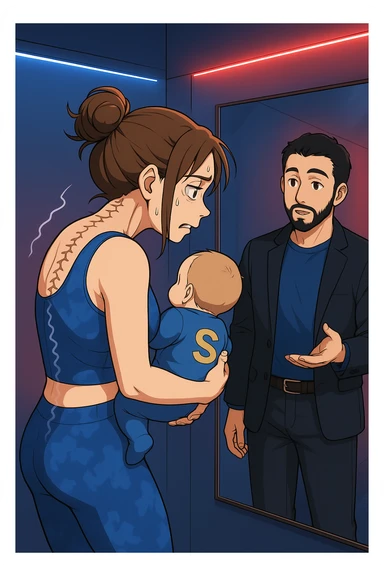 ispirati a questo stile di disegno e fai questa immagine in versione manga/webtoon a colori, il manga mostra la donna che si guarda alla specchio preoccupata di profilo con la postura sbagliata e incurvata, spalle chiuse e curve in avanti, con un neonato in braccio con una tutina azzurra e la scritta "S" sulla schiena, spina dorsale storta della donna in evidenza mentre al suo fianco anche l'uomo guarda la donna riflessa nello specchio e le spiega una cosa, ma non fare i fumetti, fai come se stessero parlando sticker