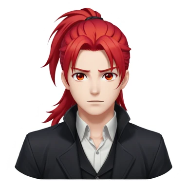 Handsome gorgeous anime man with bright-red hair, thick long ponytail, red eyes, white shirt, black jacket, stone face, Diluc from Genshin Impact sticker
