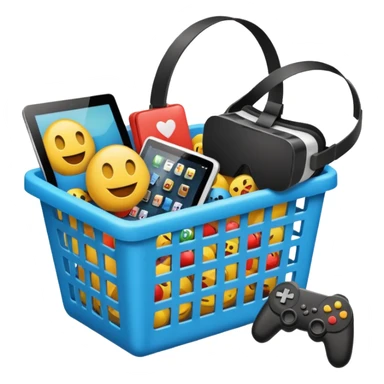 shopping basket filled with a tablet, VR headset, and game controller emoji sticker