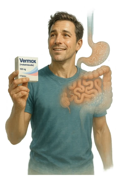 A realistic, cinematic illustration of a man in his late 30s holding a small white box of ‘Vermox’ (mebendazole) in one hand, with a relieved and hopeful expression on his face. Behind him, a semi-transparent overlay shows his digestive tract where small, symbolic worm-like parasites are dissolving and disappearing, indicating the medication’s effect. The environment is clean and bright, with a medical yet hopeful tone, conveying the concept of effective parasite removal. Subtle blue and green tones symbolize cleansing and health restoration, while the man appears energized and ready to reclaim his well-being sticker