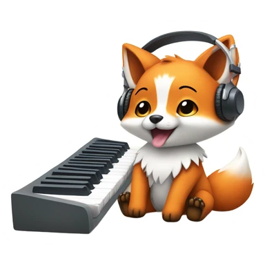 Detailled Baby kawaii fox with headphones on ears and keyboard sticker