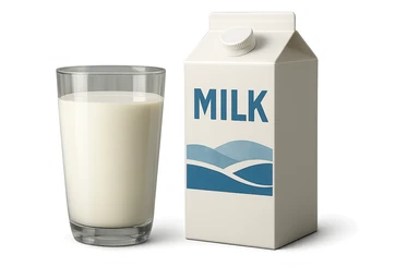 BICCHIERE DI LATTE ACCANTO A BUSTA DI LATTE, IPERREALISTICA 4K sticker