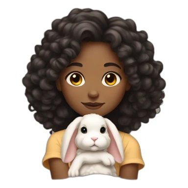 black woman dark long curly hair holding chubby floppy eared tan rabbit cute sticker