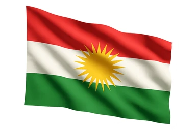 Kurdistan flag, waving effect, red, white, green horizontal stripes, yellow sun emblem in the middle, no text sticker