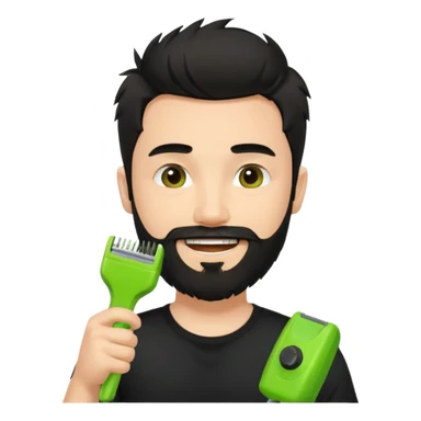 young handsome fair-skinned man with messy black hair and beard, smiling, wearing a black t-shirt, holding a single small true-to-size lime green face beard trimmer in one hand sticker