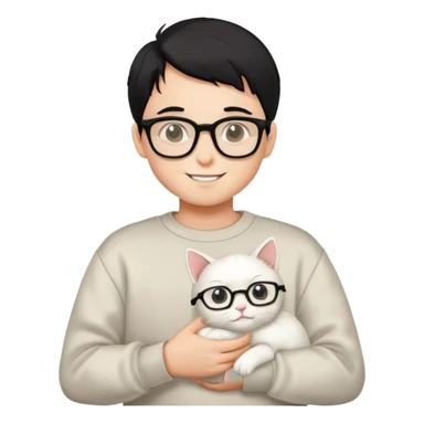 A happy boy wearing a sweatshirt, black hair and glasses holding a white cat sticker