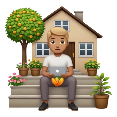 a home which has garden like and the home has slack emoji, where on the house steps, a blob chratcter holding black mac should sit and should look like wiork sticker