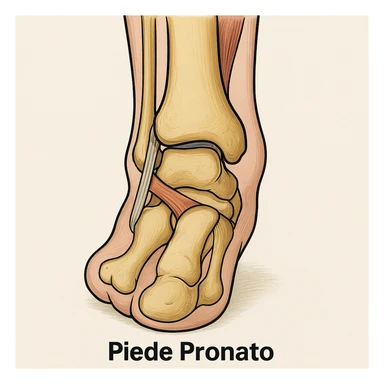 Anatomical illustration of a pronated foot, detailed bones and soft tissue, medical style, neutral background, with ligaments highlighted, inspired by the reference image. sticker