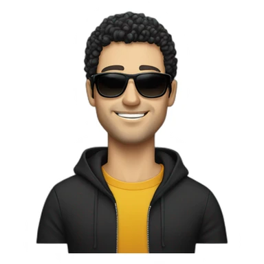 Caucasian man, no smile, with black curly hair and slight beard wearing black hoodie and sunglasses  sticker