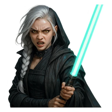  a closeup portrait of young woman with gold yellow eyes, white hair, long braid, black off-shoulder top, punk gothic style, futuristic cyberwave cyberpunk,  jedi attire and posture robes of a padawan, foreweilding a bright blue-green lightsaber, angry fierce face expression, power stance, 30-90 sticker