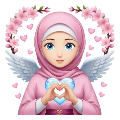 Turkish beautiful finish Konya girl blue eyes with light sakura and pink hijab islamic dress and making angel heart with hands and with thank you text sticker