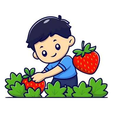 Boy picking strawberries  sticker