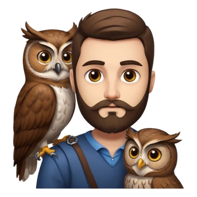 portrait man long brown hair brown eyes medium beard white skin with owl perched on shoulder sticker