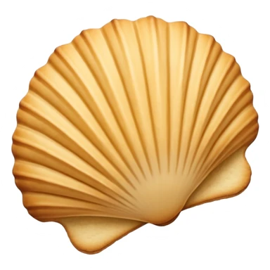 A madeleine pastry. Scalloped seashell shape with four to five vertical lines going in the same direction. Light golden brown. Scalloped edge. Cookie. Flat. sticker