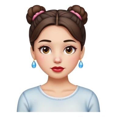 “Emoji brunette girl hair in bun white top, dewy skin, heavy blush across cheeks and nose bridge, glossy cherry lips, soft eyeliner, teary sparkling eyes like hanni from new jeans sticker