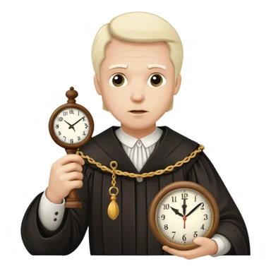 a 1600s judge with a hurried expression holding a clock that is UNFAIR sticker