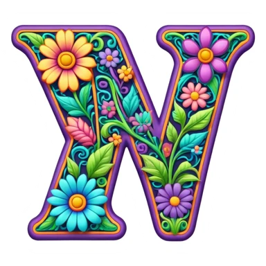 3D, gothic style psychedelic colored Letter V with hippie style flower border sticker