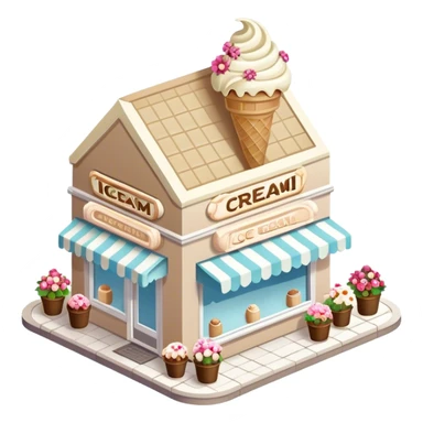 isometric exterior view of a beige and white ice cream shop adorned with abundant florals sticker