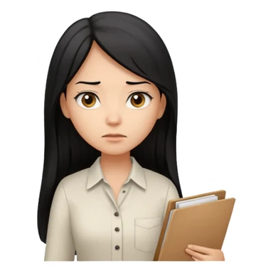 a light tan woman with long black hair past mid-back, round brown eyes, white button up v shirt, and manila folder in her hands. sticker