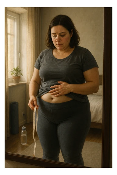 A realistic, cinematic illustration of a woman in her early 30s with a slightly rounded body shape, standing in front of a mirror in a softly lit bedroom, looking at her reflection with a thoughtful, slightly discouraged expression. She is wearing comfortable home workout clothes, holding a tape measure in one hand loosely, while her other hand gently touches her belly area, showing her frustration with slow weight loss progress. The room is cozy, with natural light filtering in, a yoga mat rolled up in the corner, a water bottle, and a small plant on the windowsill. The scene captures the emotional struggle and quiet determination of a woman facing difficulties in losing weight despite her efforts, with warmth and dignity. sticker